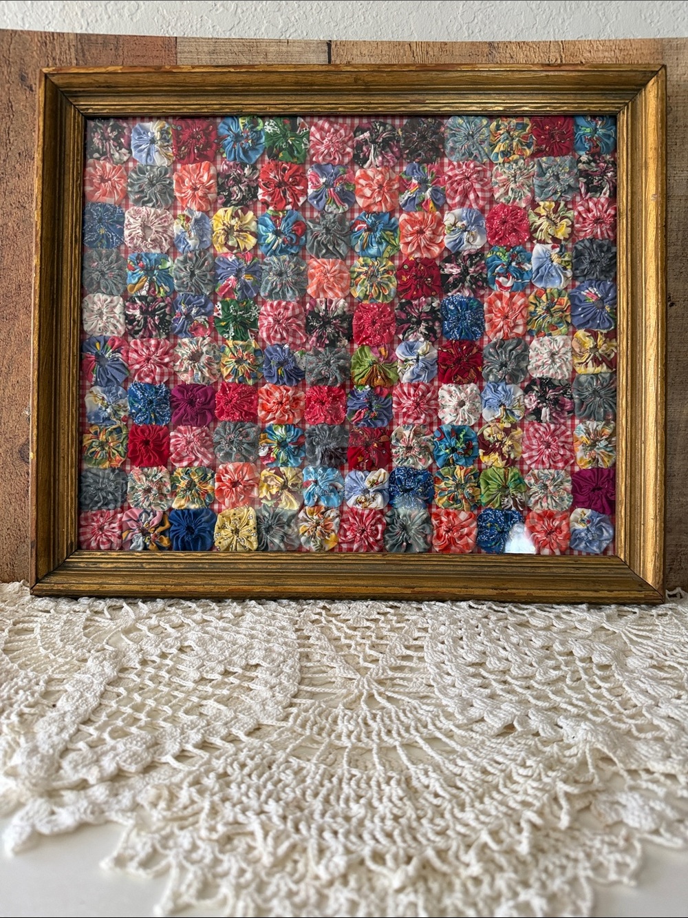 Upcycled Cottagecore Vintage Gold Toned Wooden Framed Yo-Yo Quilt Topper